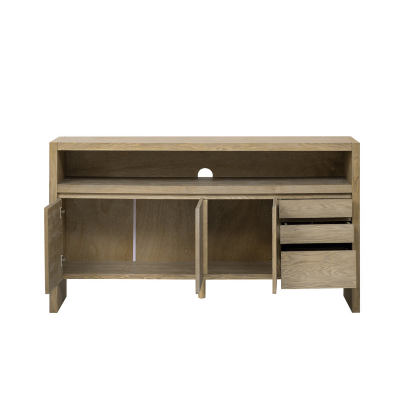 U_Style 60" 3-Door Sideboard With 3 Drawers - Modern Solid Ash Veneer MDF Sideboard, Semi-Open Shelf & Center Semi-Circular Cutout In Back Panel, Large Storage Cabinet For Living Room, Hallway, Dining