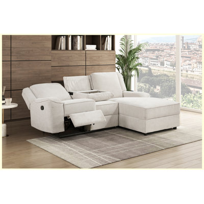 Canapé modulaire inclinable 2 pièces de luxe avec méridienne droite beige, revêtement en tissu et porte-gobelets intégrés