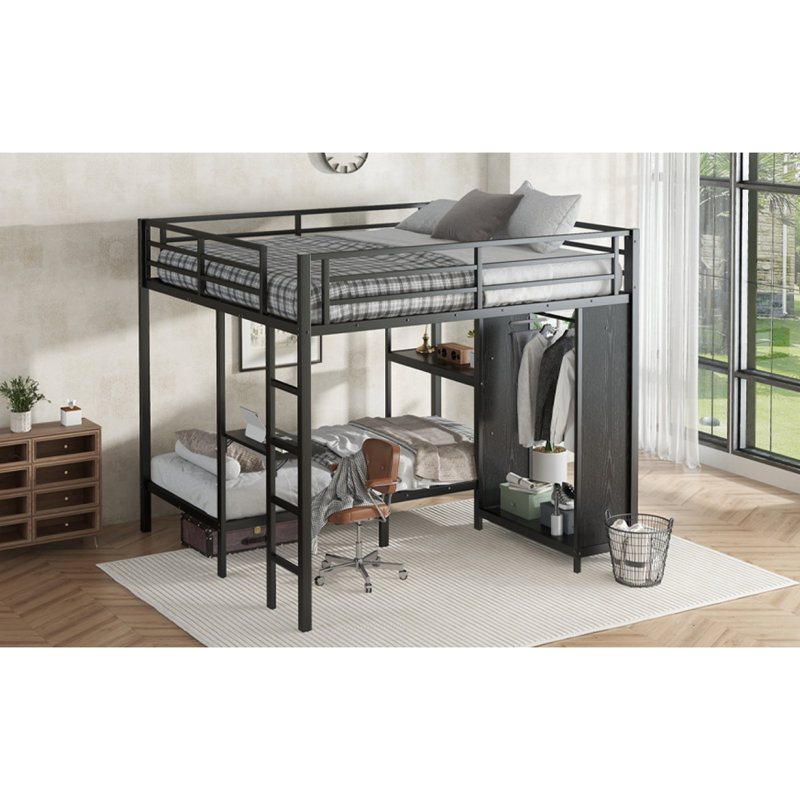 Très grand lit simple au-dessus de très grand lit simple avec garde-robe intégrée, lit superposé en métal avec bureau pliable, noir