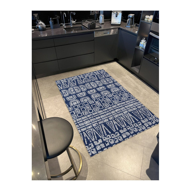 Tapis bleu délavé à motif géométrique mixte, Sous-tapis carré 3 pi 3 po inclus