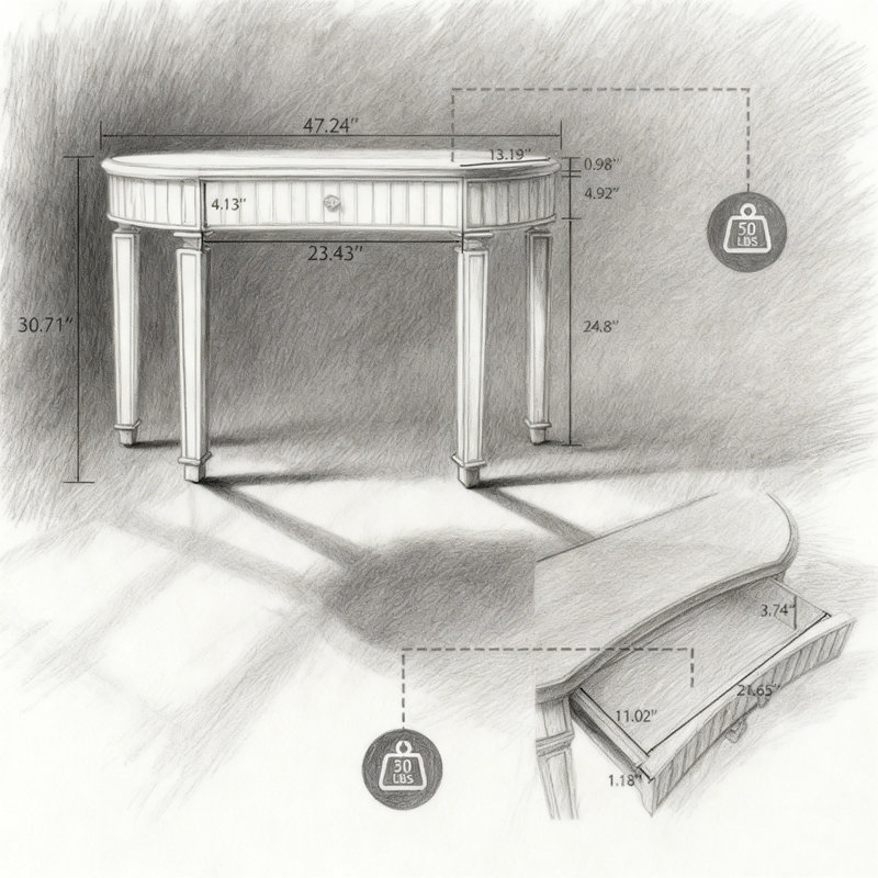 Console à miroir demi-lune 47 "avec verre cannelé, Doré/argent