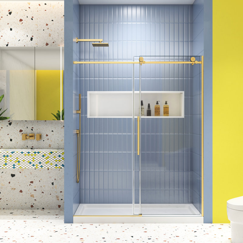 Porte de douche coulissante - Verre trempé 5/16 po, or brossé, réglable aux surfaces inégales, 56-60 po x 74 avec glissement en verre lisse,