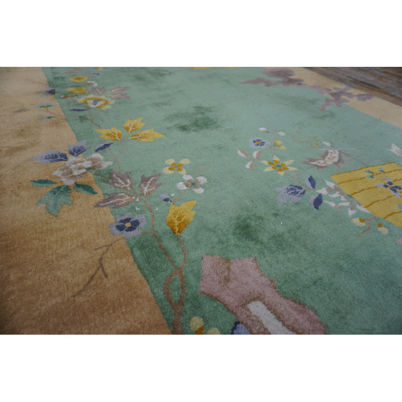 Antique Artistic Sea Foam Green Color Scenic Chinese Art Deco Rug