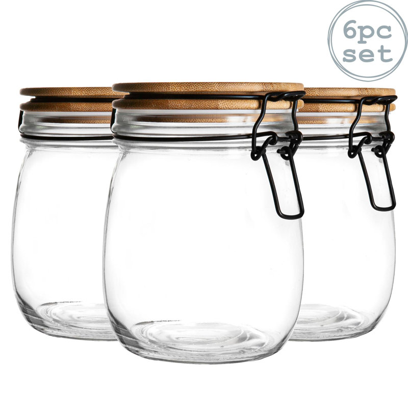 Argon Tableware - Wooden Clip Lid Storage Jars - White Seal - Set of 6, 14cm H x 11cm W x 13cm D