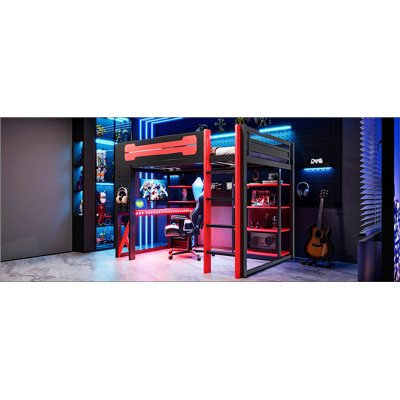 Lit mezzanine double en bois avec bureau, tablettes, prises de courant, ports USB / Type-C et éclairage RVB, noir et rouge