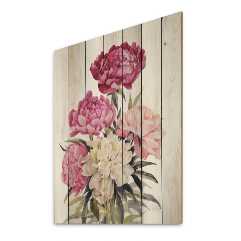Bouquet de pivoines roses et blanches - reproduction traditionnelle sur bois, H 20 po x l 12 po x P 1 po