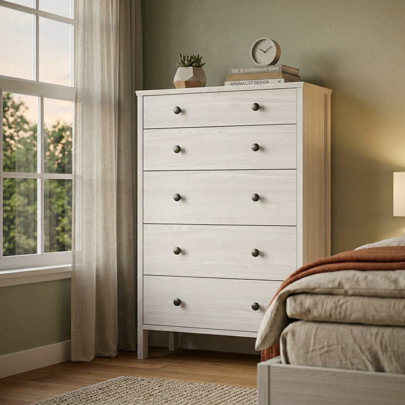 Shaker Style, 5 Drawer Tall Dresser, White Woodgrain