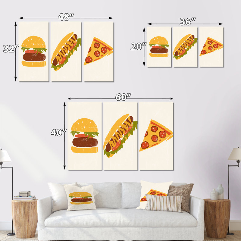 «Vintage Hipster Fast Food III», ensemble de 3 peintures sur toile tendue, H 28 po x l 36 po