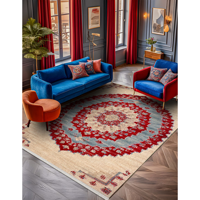 Notto Oriental Machine Printed Cotton Polyester Area Rug, Rectangle 3'4" x 5'
