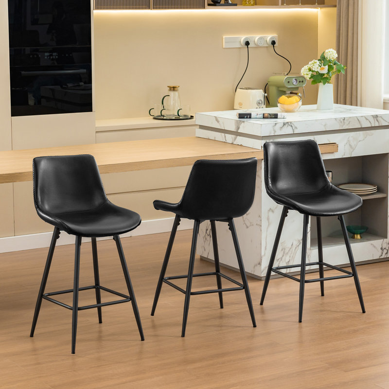 Faux Leather Modern Low Back Counter Stool, Black, Counter Stool (24" Seat Height), 3