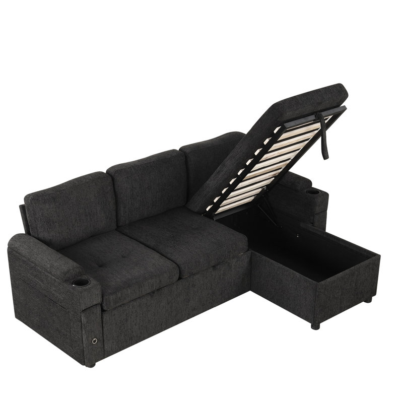 83,5 po en forme de L avec mousse confortable, rangement, porte-gobelets et ports, tiroirs de rangement noirs, supports, structure stable pour ports, look