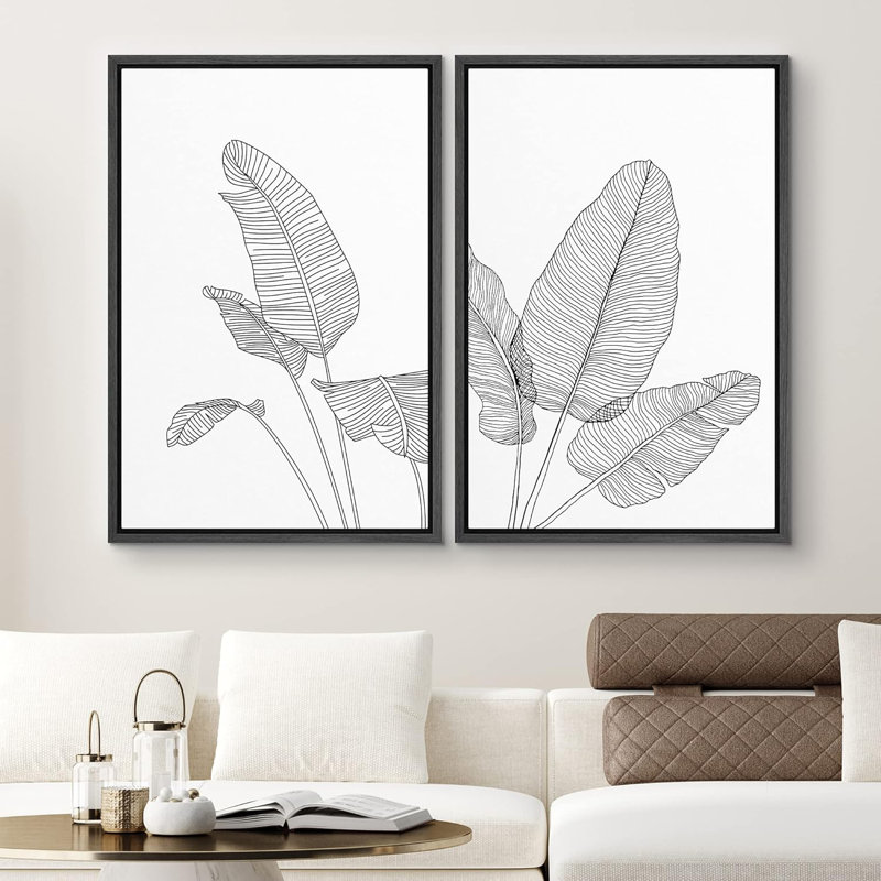 Feuille de bananier, croquis de fleurs duo, illustrations d'art moderne, panoramique, noir et blanc, H 36 po x l 24 po