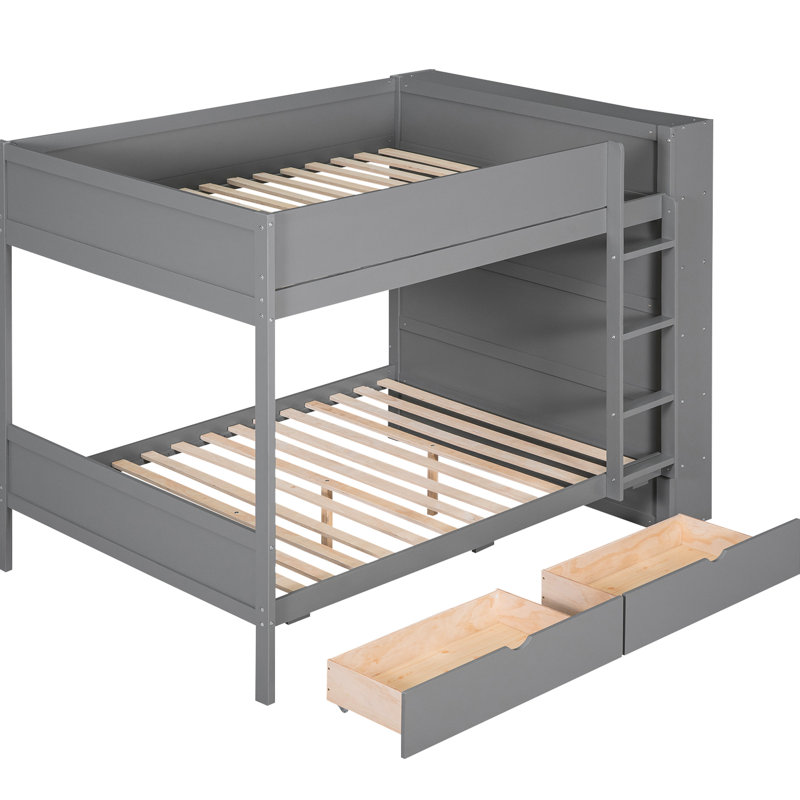 Lit superposé double pleine grandeur en gris - 2 tiroirs et armoire à plusieurs couches pour un espace de rangement supplémentaire qui rehausse l'apparence de votre chambre à coucher, structure en bois massif et sommeil confortable