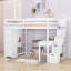 Lit mezzanine simple avec bureau intégré, tablettes, escaliers de rangement et tiroirs multiples-649231882