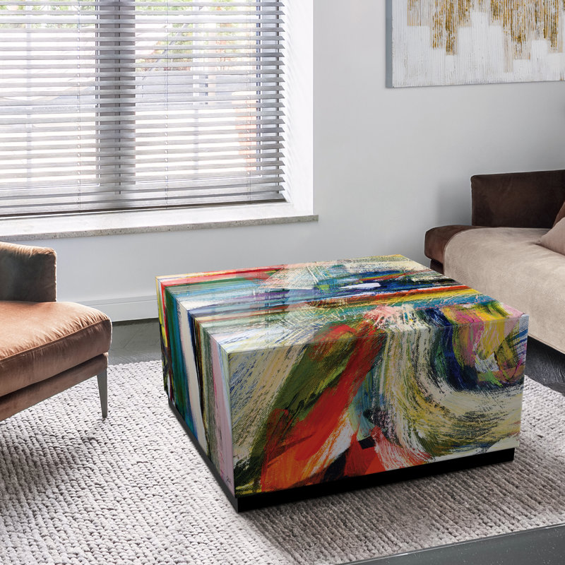 Reverse Printed Beveled Art Glass Cocktail Table Single Coffee Table