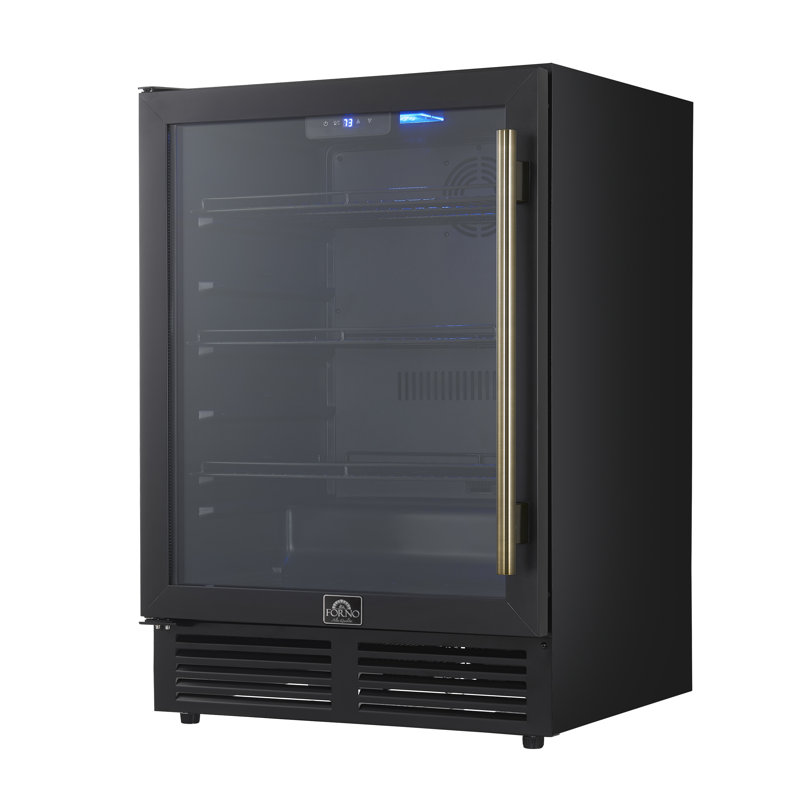 Forno Frescolino 24 Inch Beverage Cooler in Black, Antique Brass Handles, Triple Glass Door, 188 Can, Black