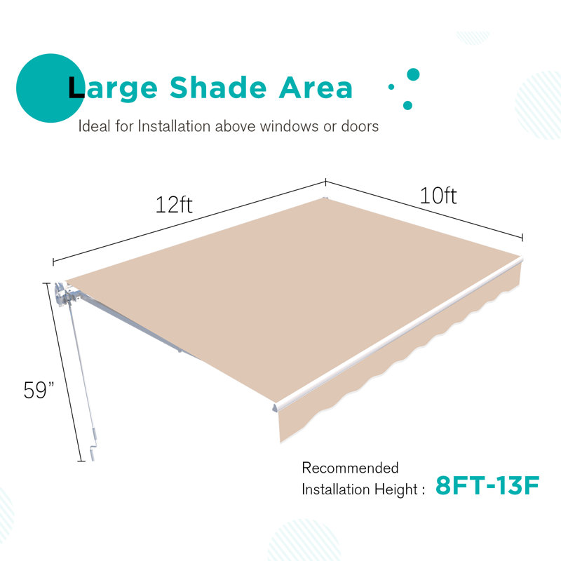 AECOJOY Manual Retraction Slope Patio Awning, Beige, 144" W x 120" D, Solid Color