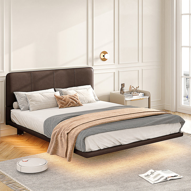 Floating Bed Frame With LED Light, Modern PU Leather Platform Bed, No Boxing Spring Needed, Assemble Easily, Full Size, Full