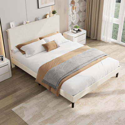 Structure de lit tapissier en velours côtelé avec charge USB et tête de lit réglable, lattes en bois, sans sommier