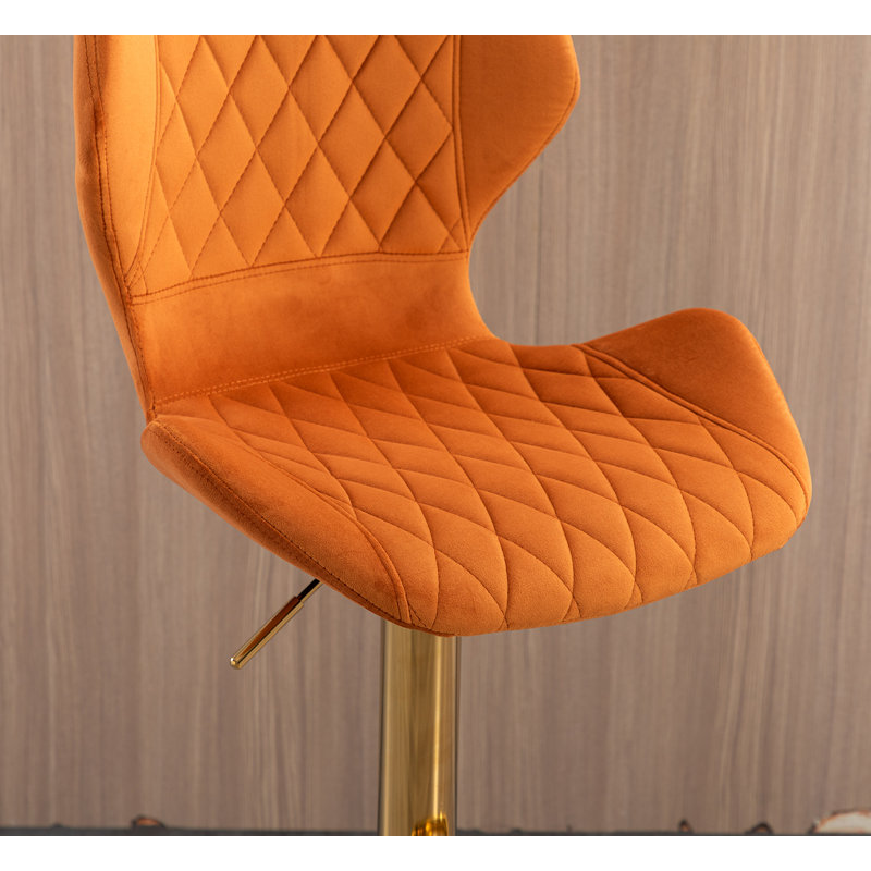 Orange Velvet Adjustable Swivel Bar Stools with Gold Base