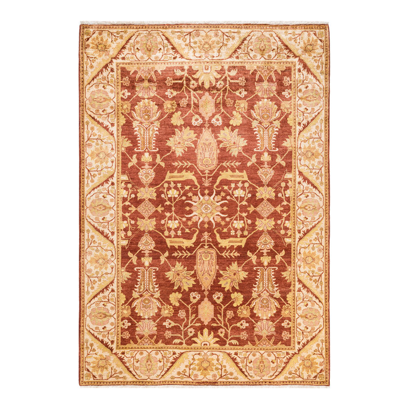 Tapis orange noué à la main de conception unique 6 pi 2 po x 8 pi 10 po Shatara