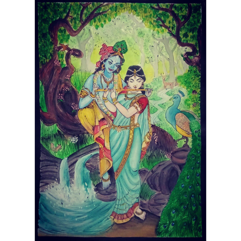 Radha jouant de la flûte avec Krishna | Couleur de l'affiche sur papier | Par Bhavani