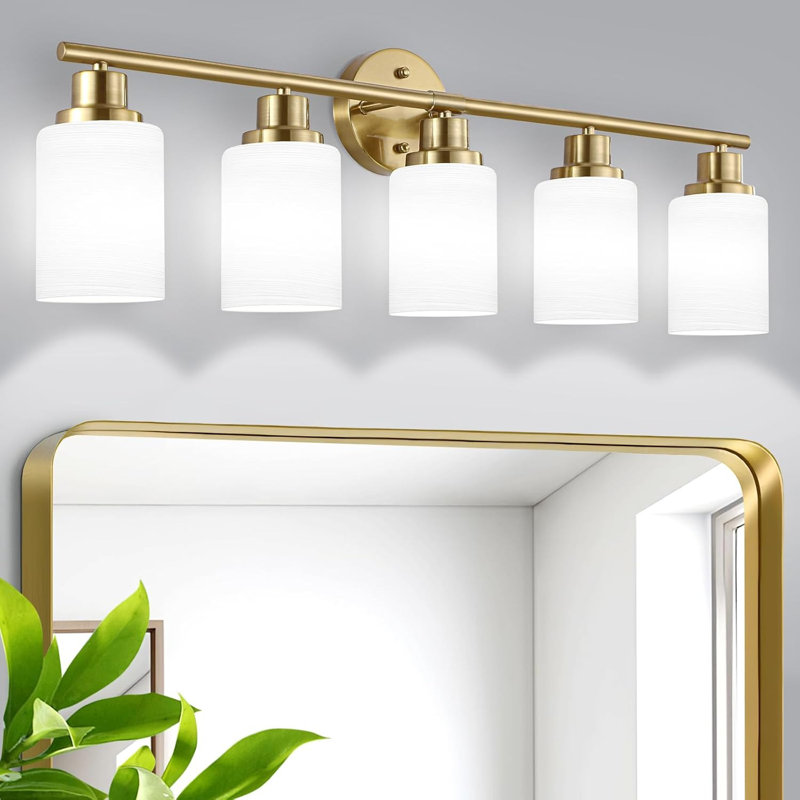 Luminaire de miroir de salle de bain 5 lumières, verre givré blanc cuivre, 5, Cuivre