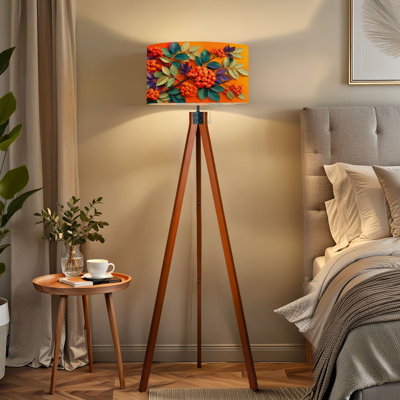PeeNoke Tripod Standing Lamp  Vibrant Rowan Berry Branches Colorful Leaves Botanical Warm Orange Remote Controlled Dimmable LED Floor Lamp with Beech Wood Legs & Detachable Linen Shade for Farmhouse Apartment Living Room and Bedroom