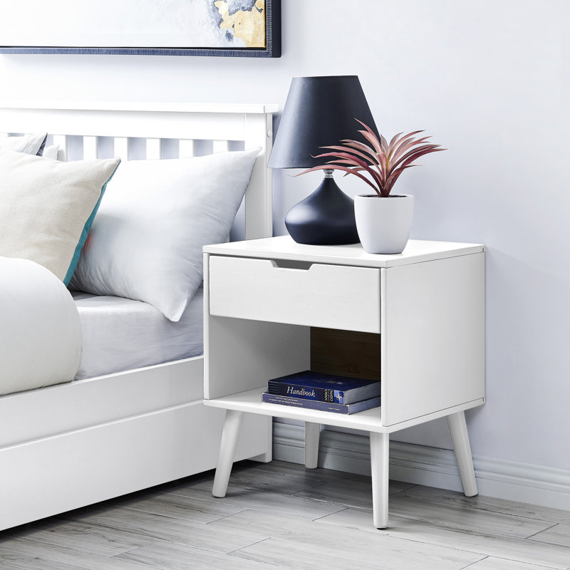 Zaina Solid Wood Bedside Table Tapered Legs 1 Drawer Modern Minimalist Design, White