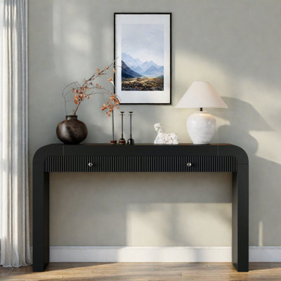 Console rustique avec 2 tiroirs, conception cannelée, coins courbés et pieds épais