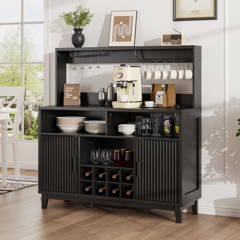 Meuble-bar de 47,2 po de largeur avec support à vin amovible et porte-verre, Noir
