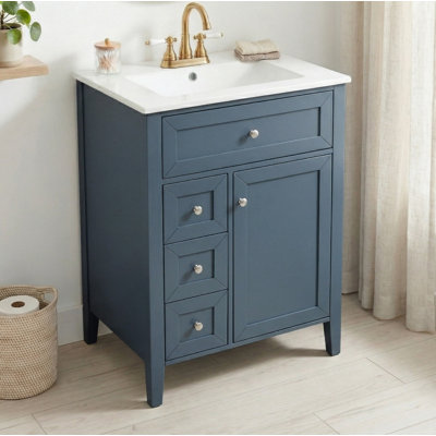 Blue Gray Freestanding Bathroom Vanity with Ceramic Sink, Tip-Out Drawer, Soft Close Drawers & Storage Cabinet Door, Solid Wood Leg Bathroom Storage Vanity Cabinet
