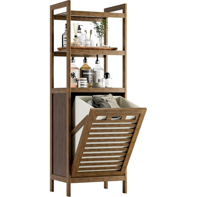 Panier à linge en bambou inclinable, armoire à linge de salle de bain 10 gallons avec panier pliable caché, rangement pour vêtements autoportant avec tablette de rangement