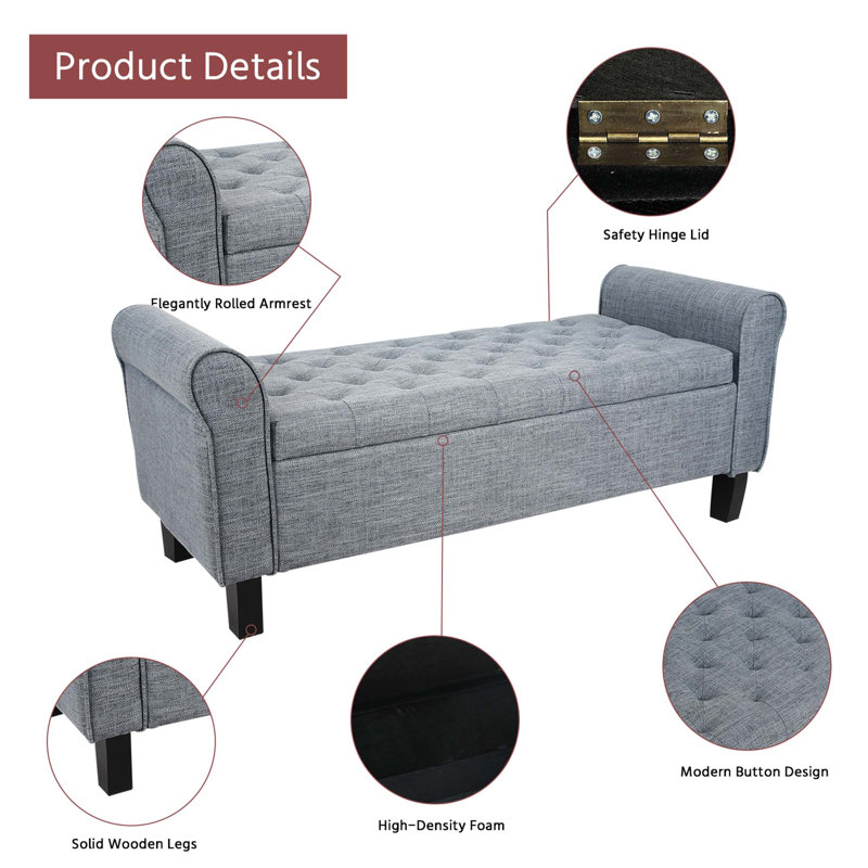 Upholstered Storage Bench End of Bed, Dark Gary, Linen