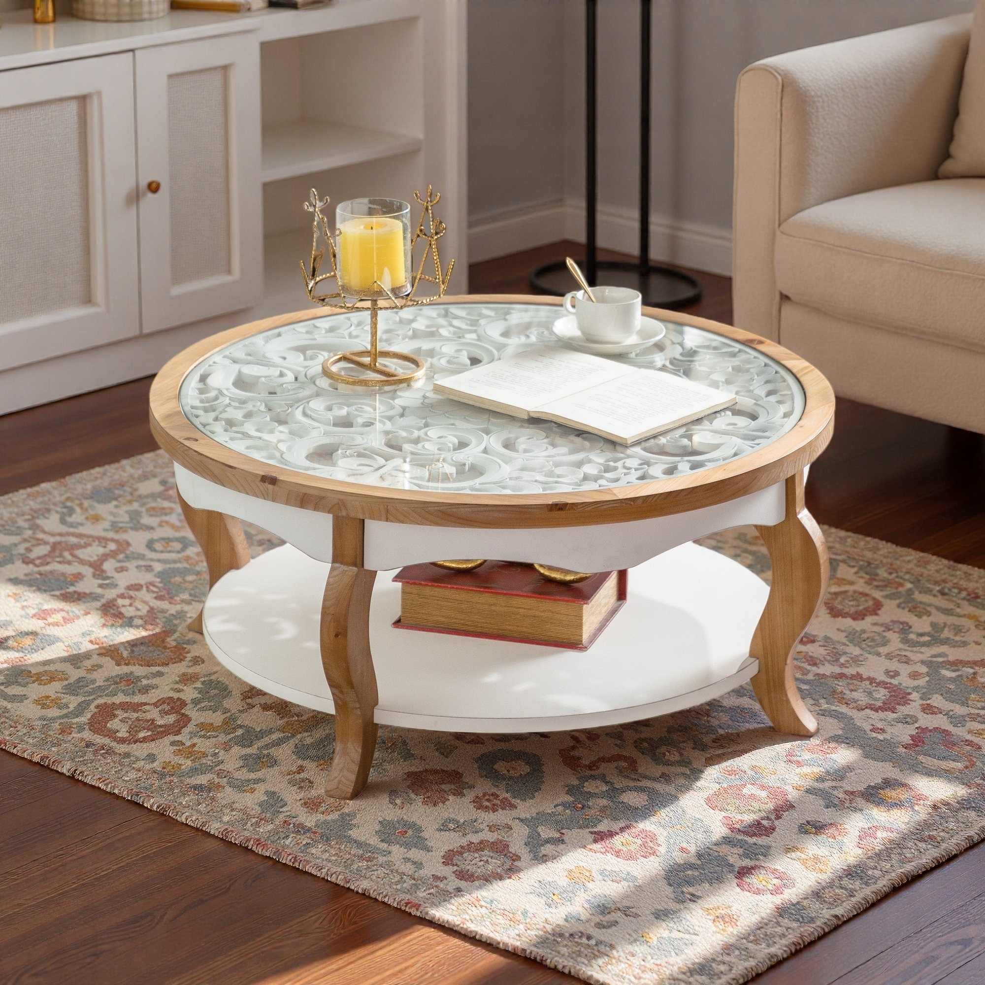 Copta Round Table Ophelia & Co. Round Wood Coffee Table With Glass Top, Solid Wooden ...