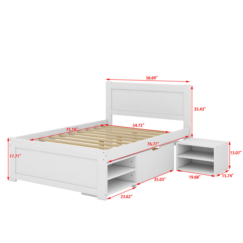 A Full-Sized Platform Bed With A Drawer And Two Shelves Incorporated, White