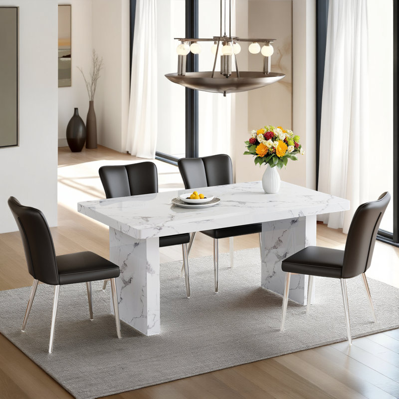 Ensemble de table de salle à manger d'inspiration marbre 63 "avec chaises rembourrées en polyuréthane 63", 5, Noir