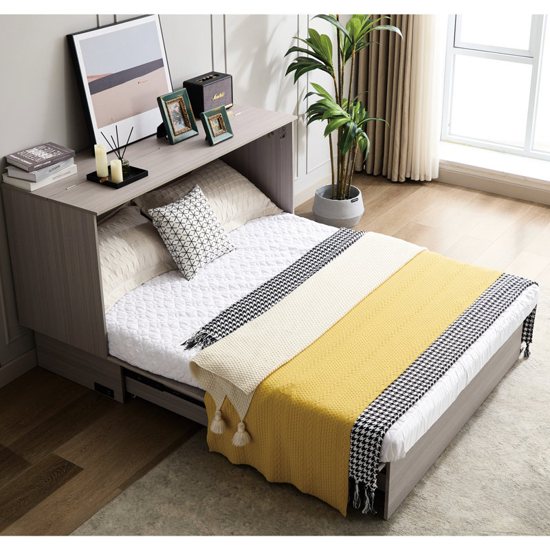 Lit gris avec rangement fonctionnel, matelas confortable et espace de charge, gris, compartiment de rangement avec poche