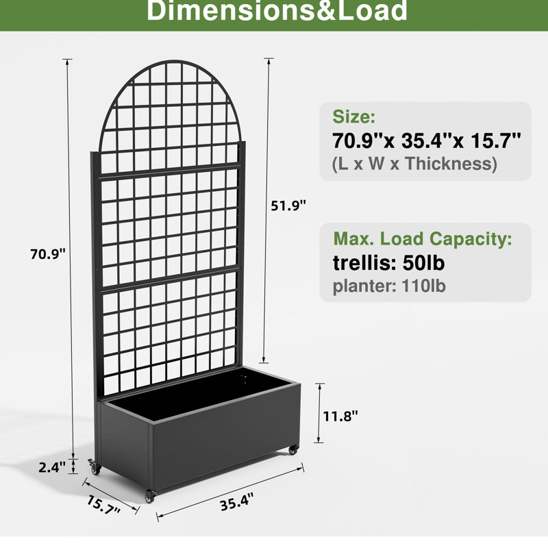 73"H×35"W Arch Metal Planter Box with Trellis with Wheels, Black