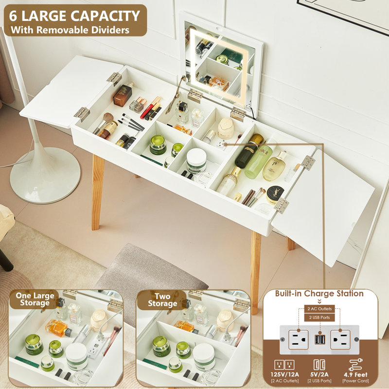Naiyeli Modern Makeup Vanity Desk Set with Flip up Mirror & 3 LED Light, Writing Desk with Power Outlet, Bedroom Makeup Table with Cushioned Stool Kid Gift