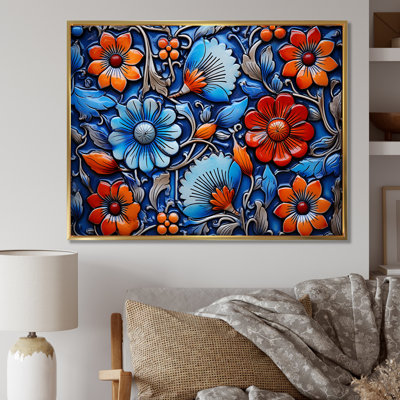 Floral Boho Blue And Orange Tile Mosaic 2 - Boho Mosaic Wall Art Decor