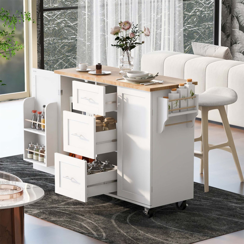 Rolling Kitchen Island with Storage, Spacious 3 Drawer and 2 Slide-Out Shelves, Rubber Wood Top, Mobile or Stationary Setup