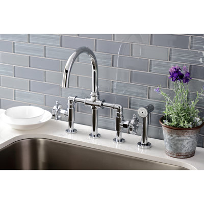 Kingston Brass Two-Handle 4-Hole Deck Mount Industrial Style Bridge Kitchen Faucet with Brass Side Sprayer