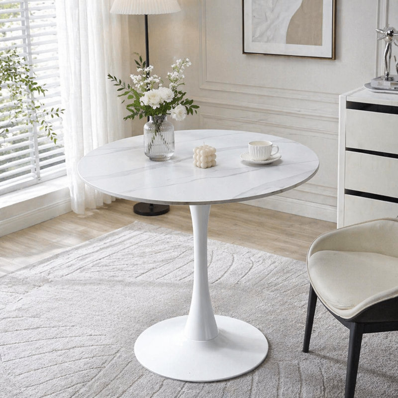 Modern Round Dining Table, White Marble