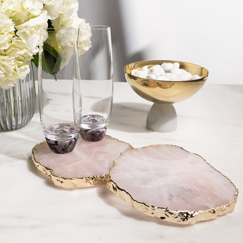Rose Quartz and Gold-Plated Gemstone Coasters Set