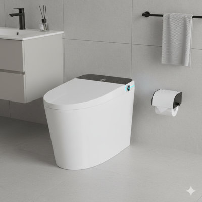 Toilette moderne et intelligente avec siège de bidet intégré, avec ouverture / fermeture automatique du couvercle, activation du capteur de pied, affichage à DEL, veilleuse et fonctions de lavage et de séchage à l'eau chaude, en blanc.
