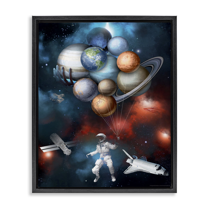 Planète ballons dans l'espace, art mural encadré flottant par Reinders, H 31 po x l 25 po, Cadre flottant noir de jais
