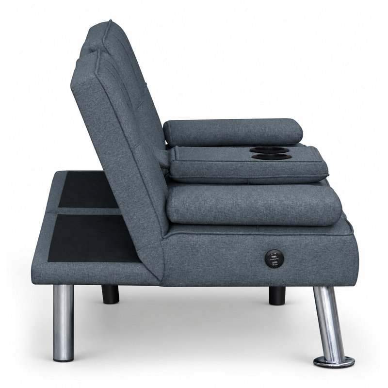 SoftHaus 65" Modern Gray Convertible Futon Sofa Bed with Fold-Down Console, USB Charging Ports and Cupholders