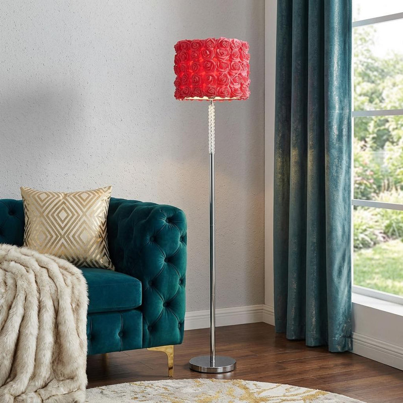Abigail-Louise 63" Steel and Acrylic Floor Lamp With  Flowers Fabric Drum Shade, Red