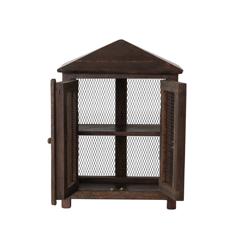 Wood Cabinet With Metal Mesh Doors And Shelf